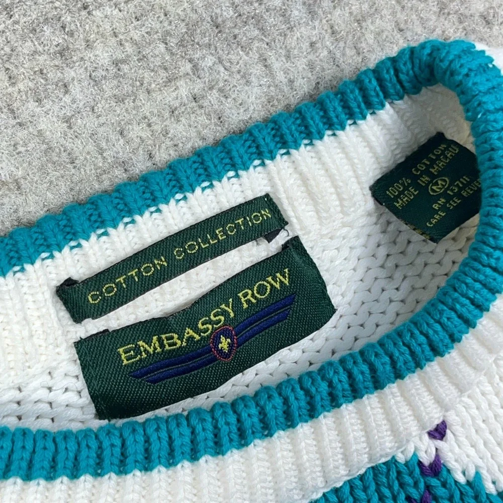Vintage‎ Grandpa Sweater Men Medium White Teal Diamond Crewneck Heavy Knit 90s *